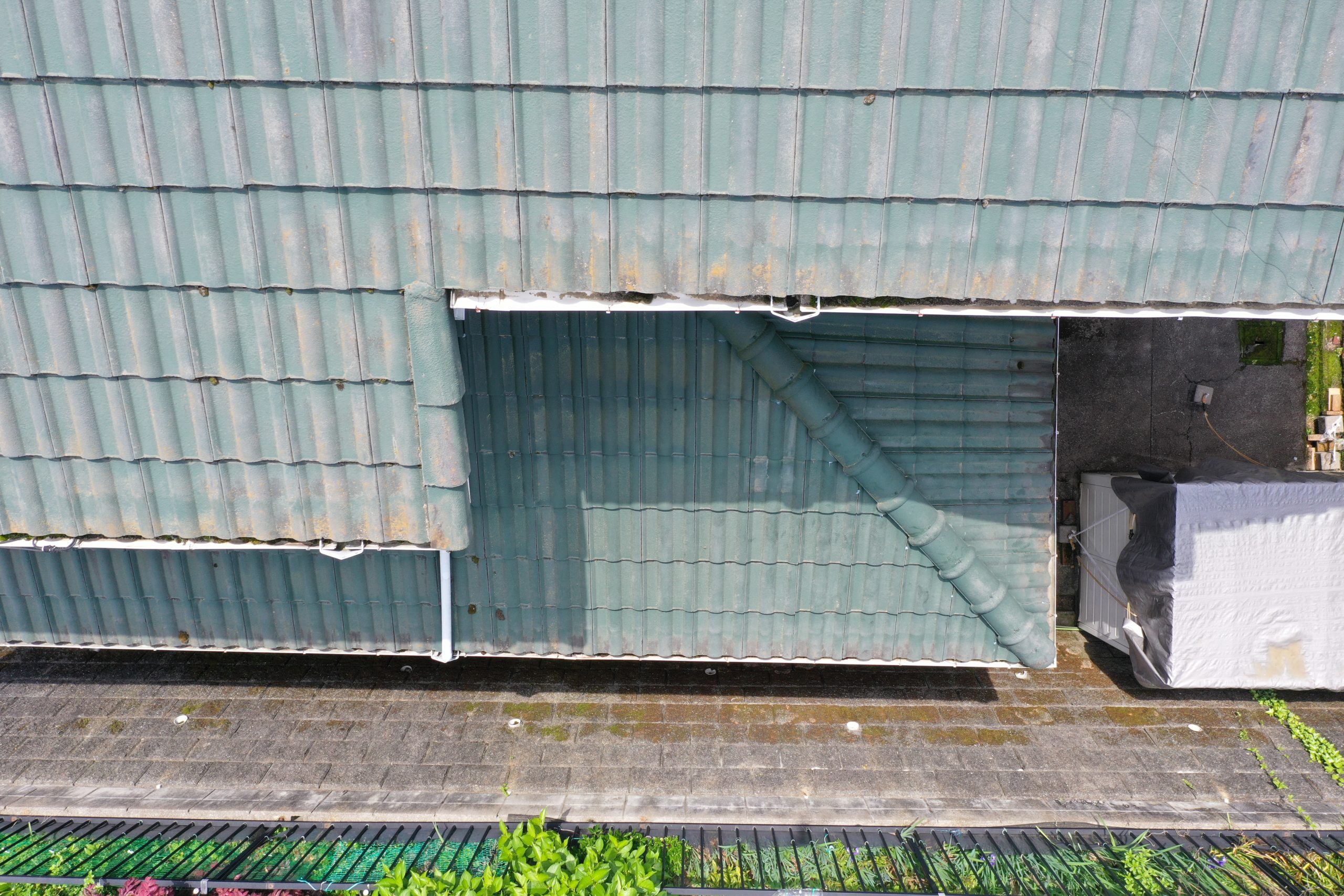雨樋を確認すると、コケや汚れが堆積していました