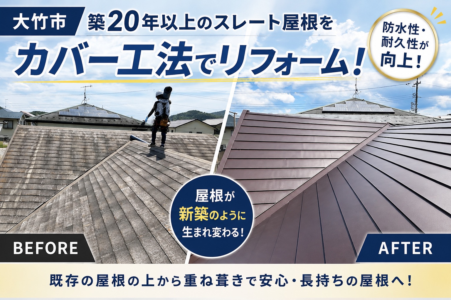 大竹市、屋根工事　築20年以上の色褪せたスレート屋根をカバー工法でリフォーム！