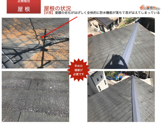 広島市安佐南区にて苔やカビの発生している経年劣化した屋根にガルバリウム鋼板の屋根材のカバー工法を提案しました！