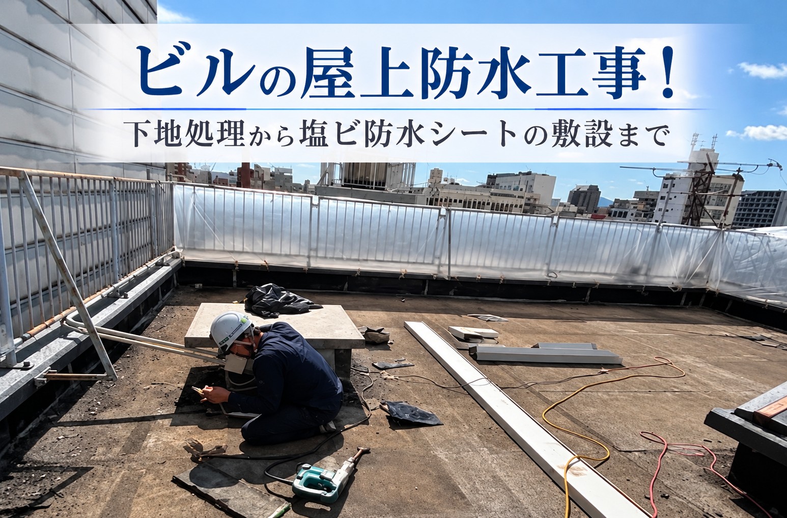 広島市東区｜ビルの屋上防水工事！塩ビシート防水IH工法で下地処理からシート敷設まで