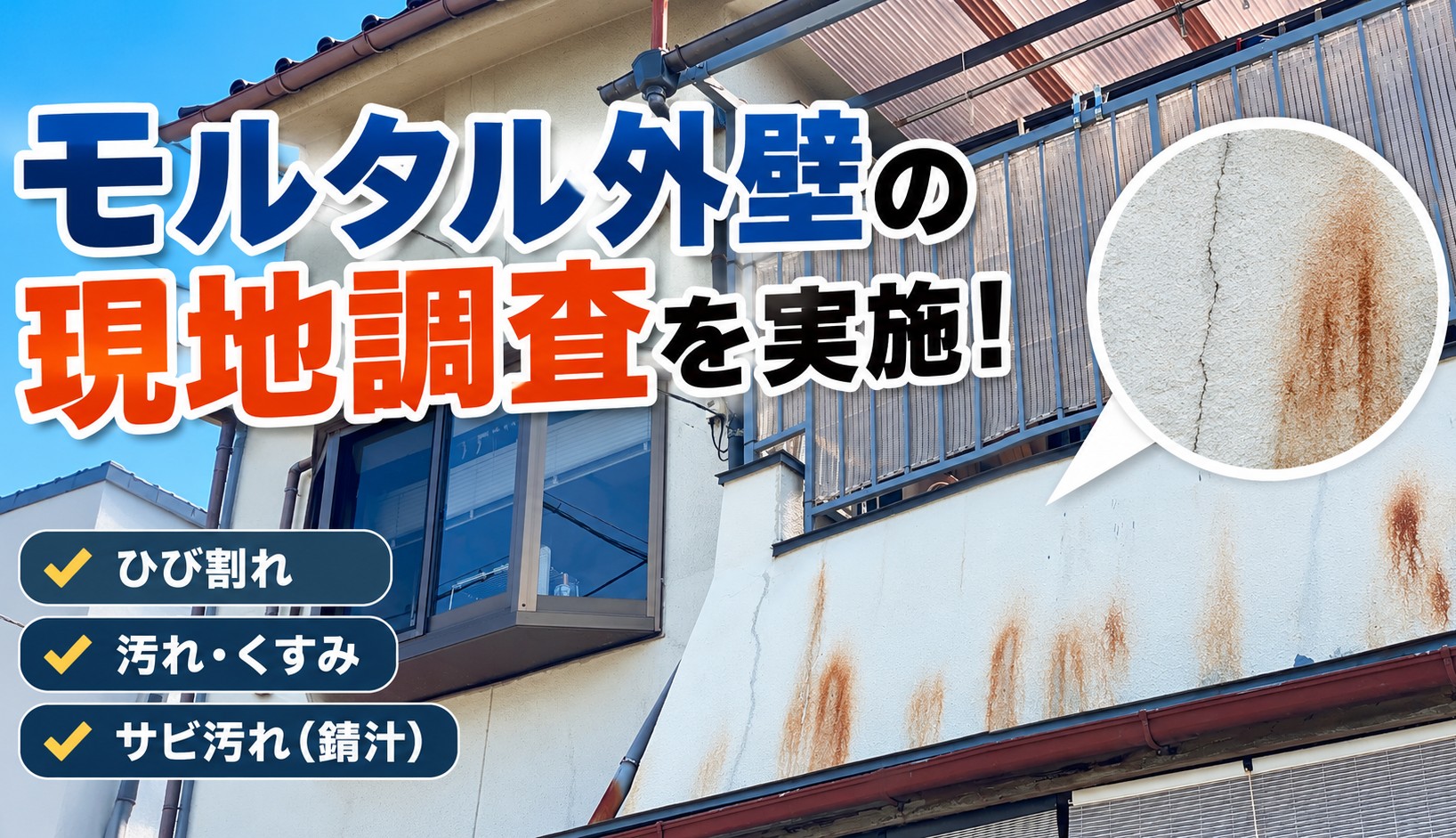 広島市西区、2階ベランダ付近から雨漏り！木部腐食とモルタル外壁のひび・錆汚れを確認
