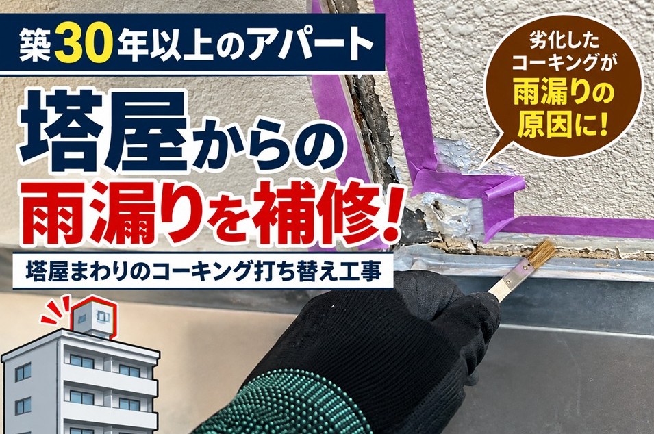 安芸郡海田町、築30年以上のアパートで雨漏り｜塔屋まわりのコーキング打ち替え工事