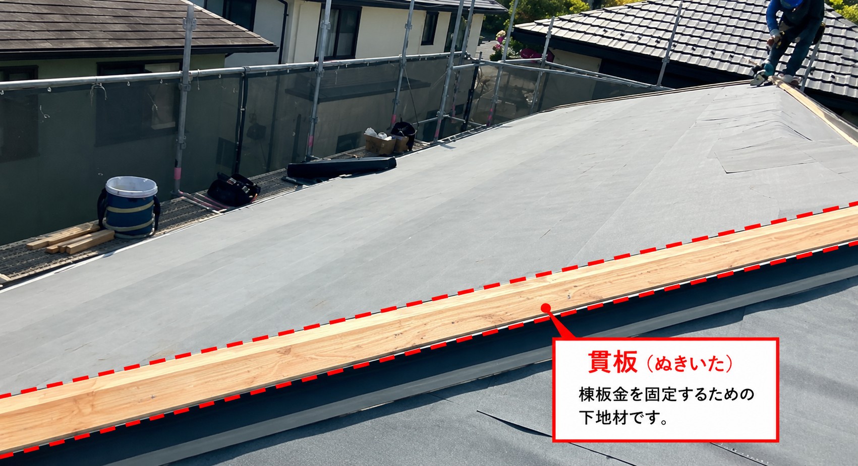 棟板金を固定するための貫板を設置します